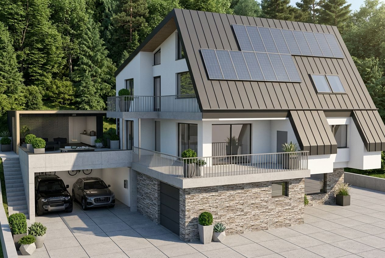 Rekonstruovaný dům se sedlovou střechou, fotovoltaikou a přístavbou garáže, Ostrava